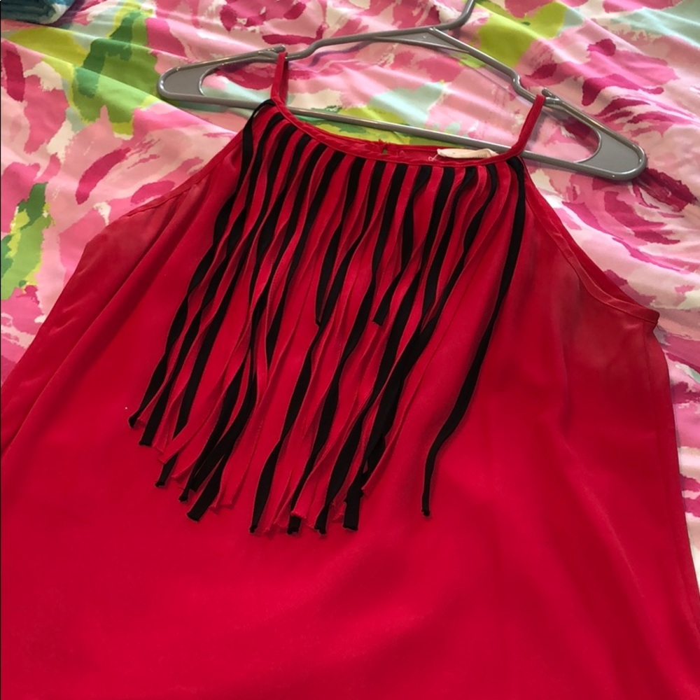 Red + black fringe top